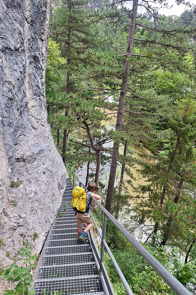 Wanderweg mit Leiter am Ersten Wiener Wasserleitungsweg durchs Höllental mit Kindern